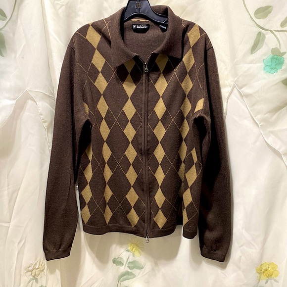 MENS BACHRACH ITALIAN MERINO WOOL ZIP-FRONT ARGYLE SWEATER